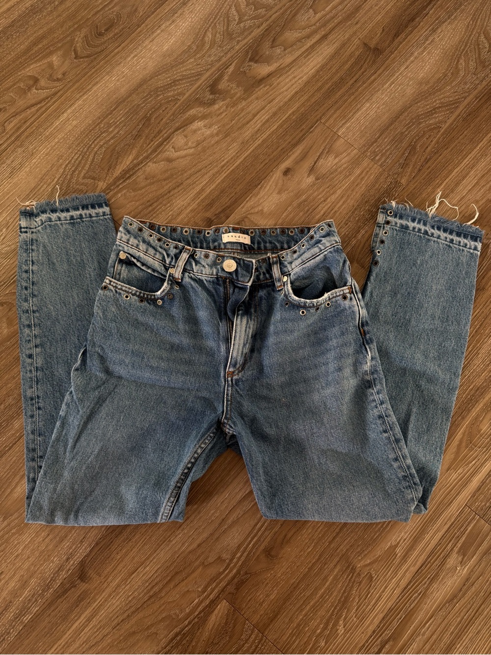 Sandro Denim Straight-Leg Jeans in Blue Wash with Stud Accents